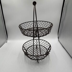 Rustic 2 Tier Wire Basket Stand Farmhouse Metal Fruit Display with Wood Handle